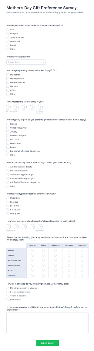 Mother’s Day Gift Preference Survey Form Template