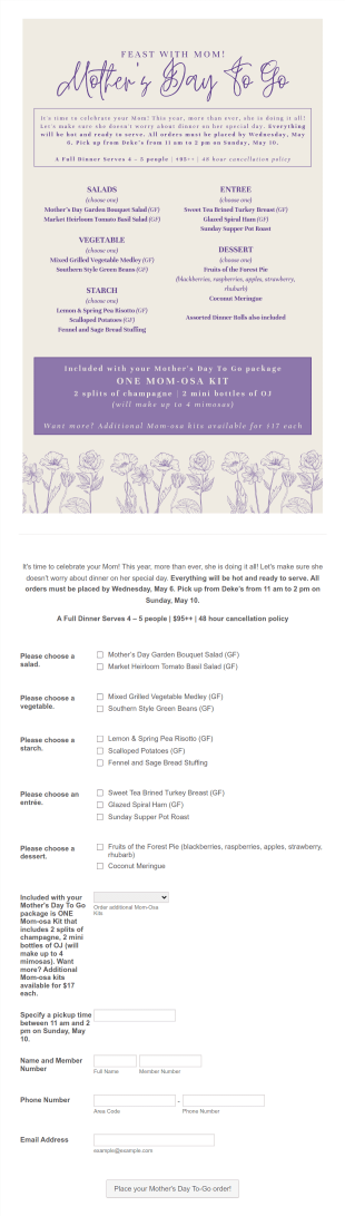 Mothers Day Meal Order Form Template