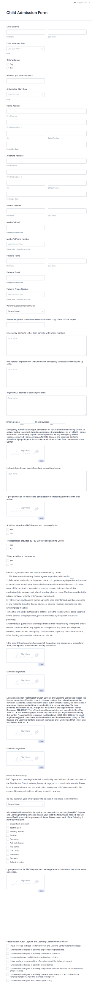 Daycare Child Admission Packet Registration Form Template