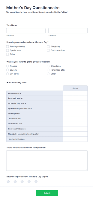 Mother's Day Questionnaire Form Template