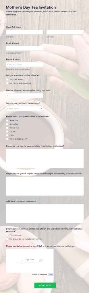 Mother's Day Tea Invitation Form Template