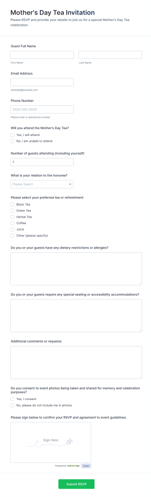 Mother's Day Tea Invitation Form Template