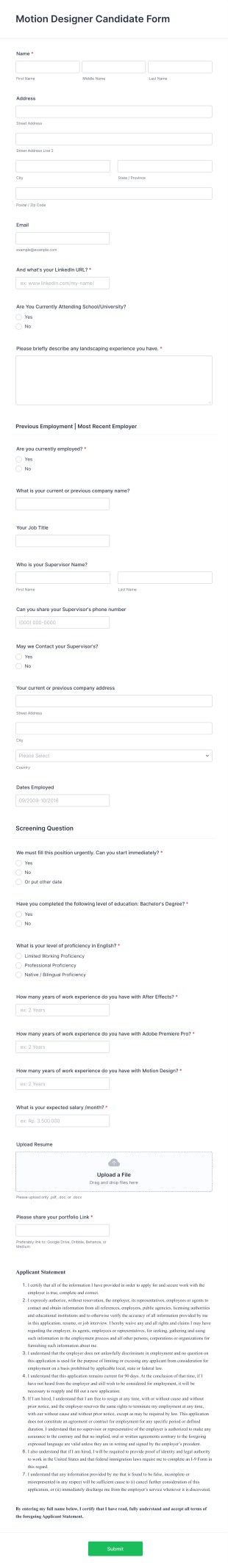 Motion Designer Candidate Form Template