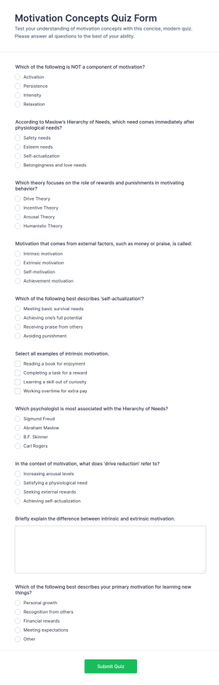 Motivation Concepts Quiz Form Template