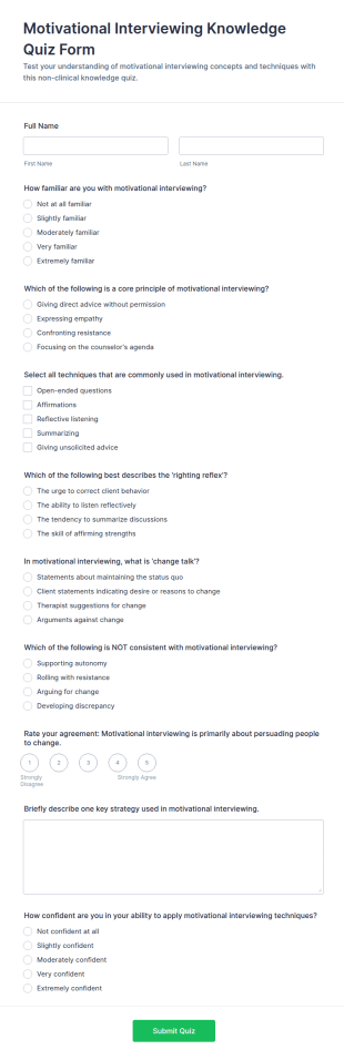 Motivational Interviewing Knowledge Quiz Form Template