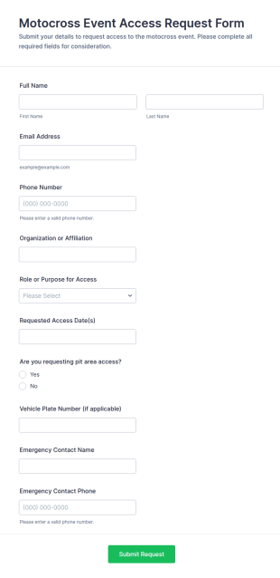 Motocross Event Access Request Form Template
