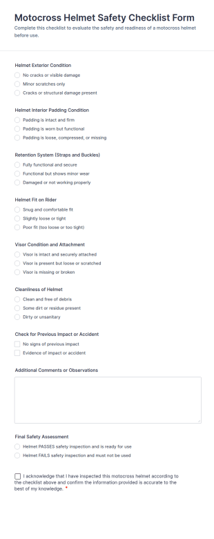 Motocross Helmet Safety Checklist Form Template