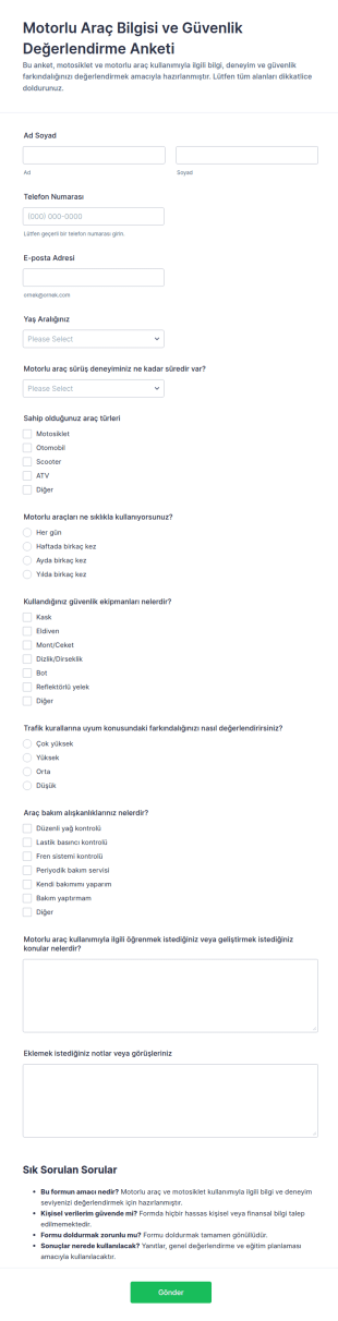 Motor Bilgi Değerlendirme Anketi Form Şablonu