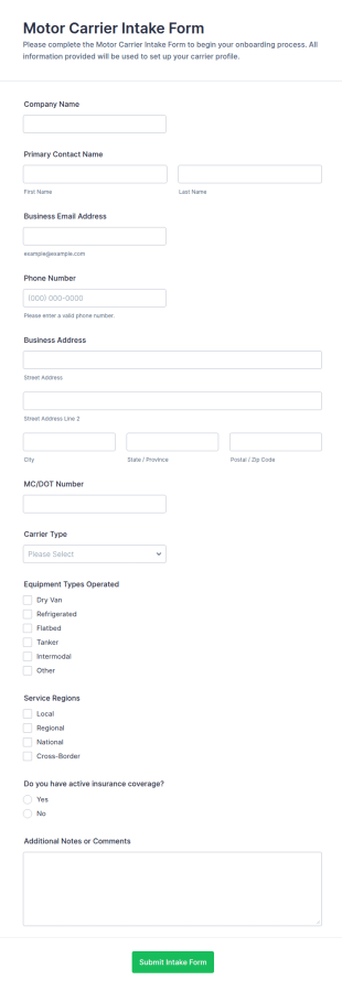 Motor Carrier Intake Form Template