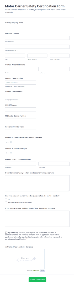 Motor Carrier Safety Certification Form Template