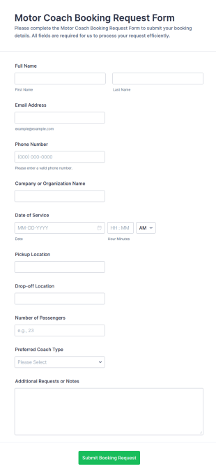 Motor Coach Booking Request Form Template