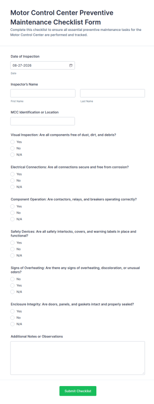 Motor Control Center Preventive Maintenance Checklist Form Template