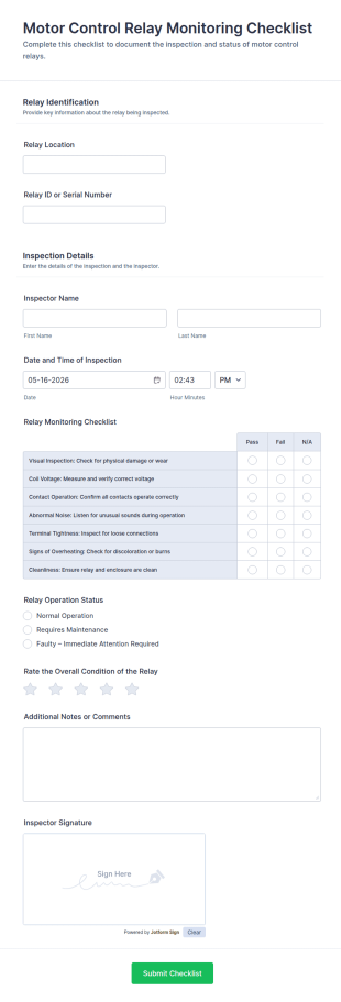 Motor Control Relay Monitoring Checklist Form Template