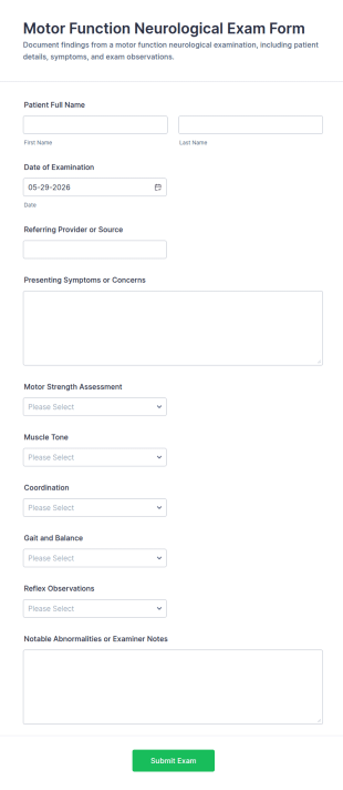 Motor Function Neurological Exam Form Template