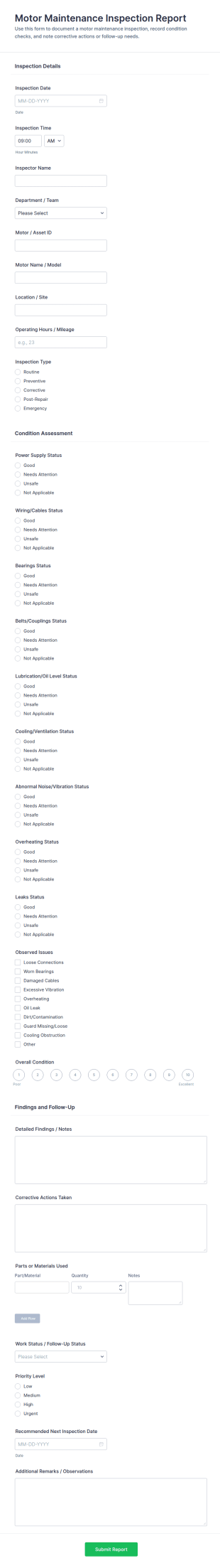 Motor Maintenance Inspection Report Form Template
