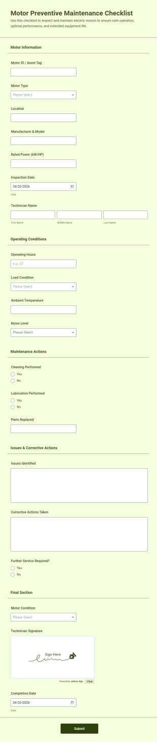 Motor Preventive Maintenance Checklist Form Template