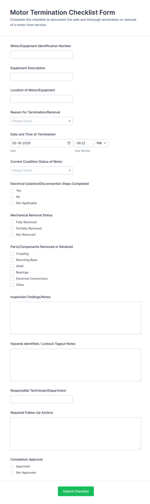 Motor Termination Checklist Form Template