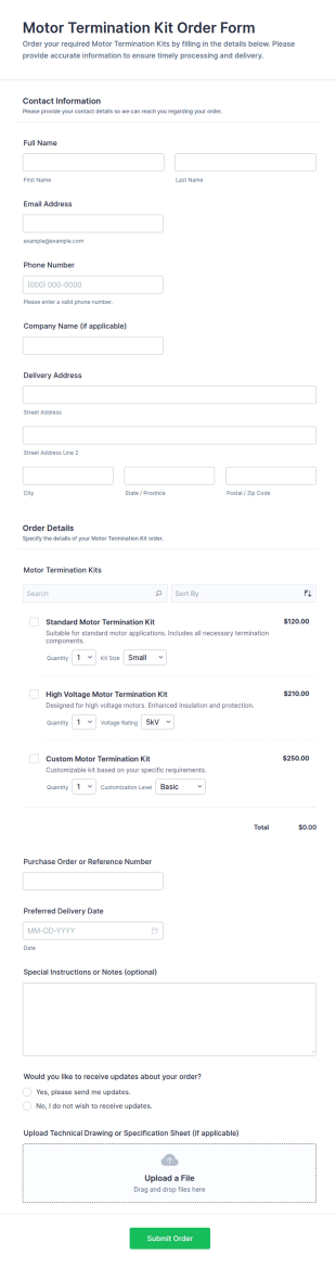 Motor Termination Kit Order Form Template