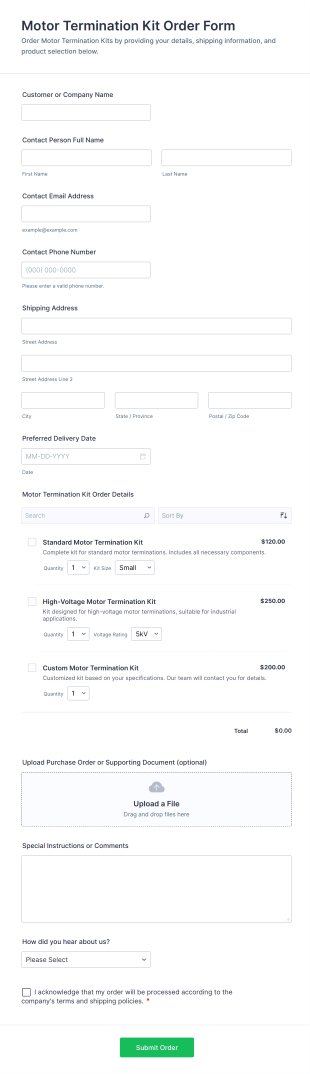 Motor Termination Kit Order Form Template