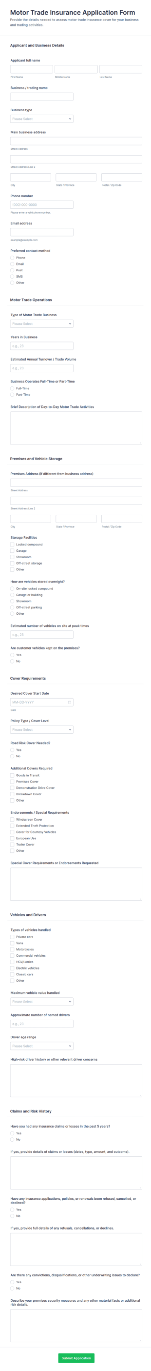 Motor Trade Insurance Application Form Template