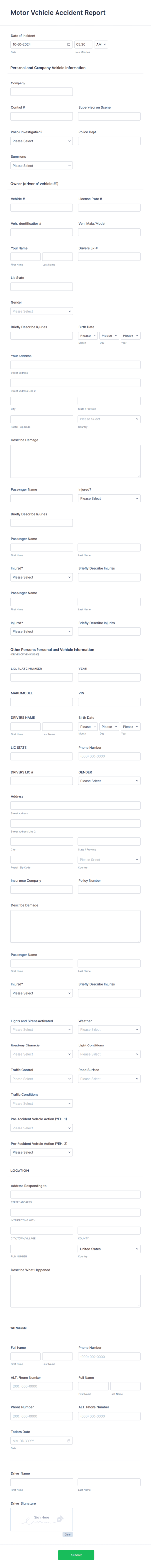 Motor Vehicle Accident Report Form Template
