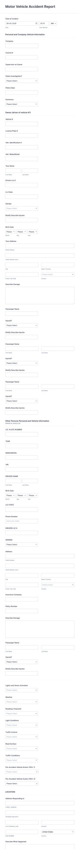 Motor Vehicle Accident Report Form Template