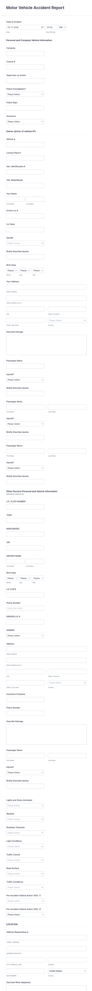 Motor Vehicle Accident Report Form Template