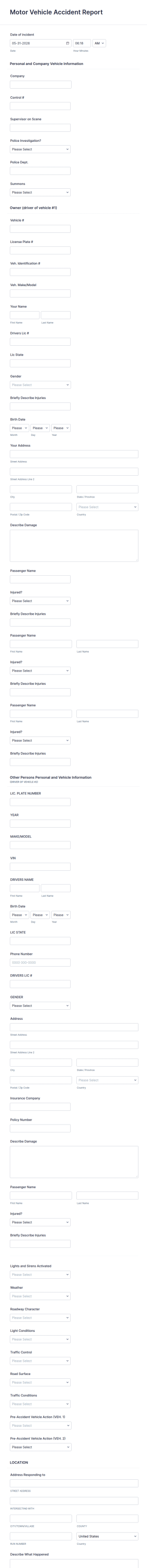 Motor Vehicle Accident Report Form Template