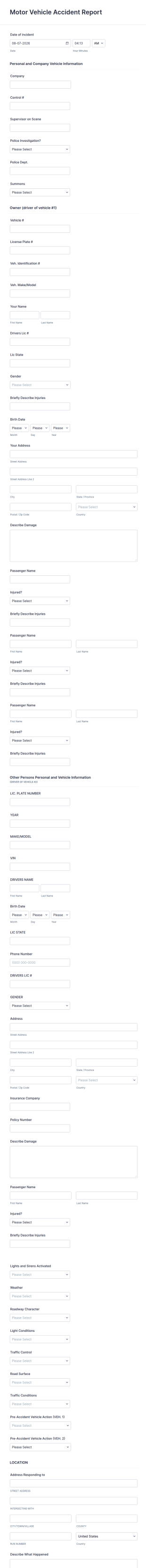 Motor Vehicle Accident Report Form Template