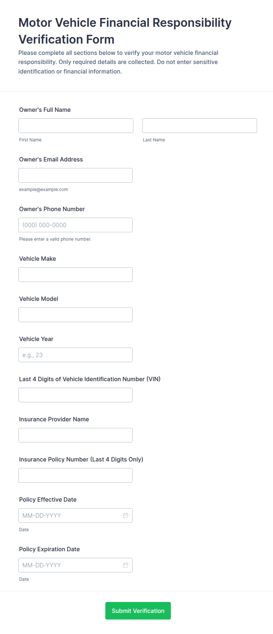 Motor Vehicle Financial Responsibility Verification Form Template | Jotform
