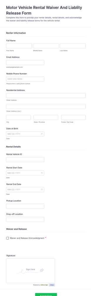 Motor Vehicle Rental Waiver And Liability Release Form Template