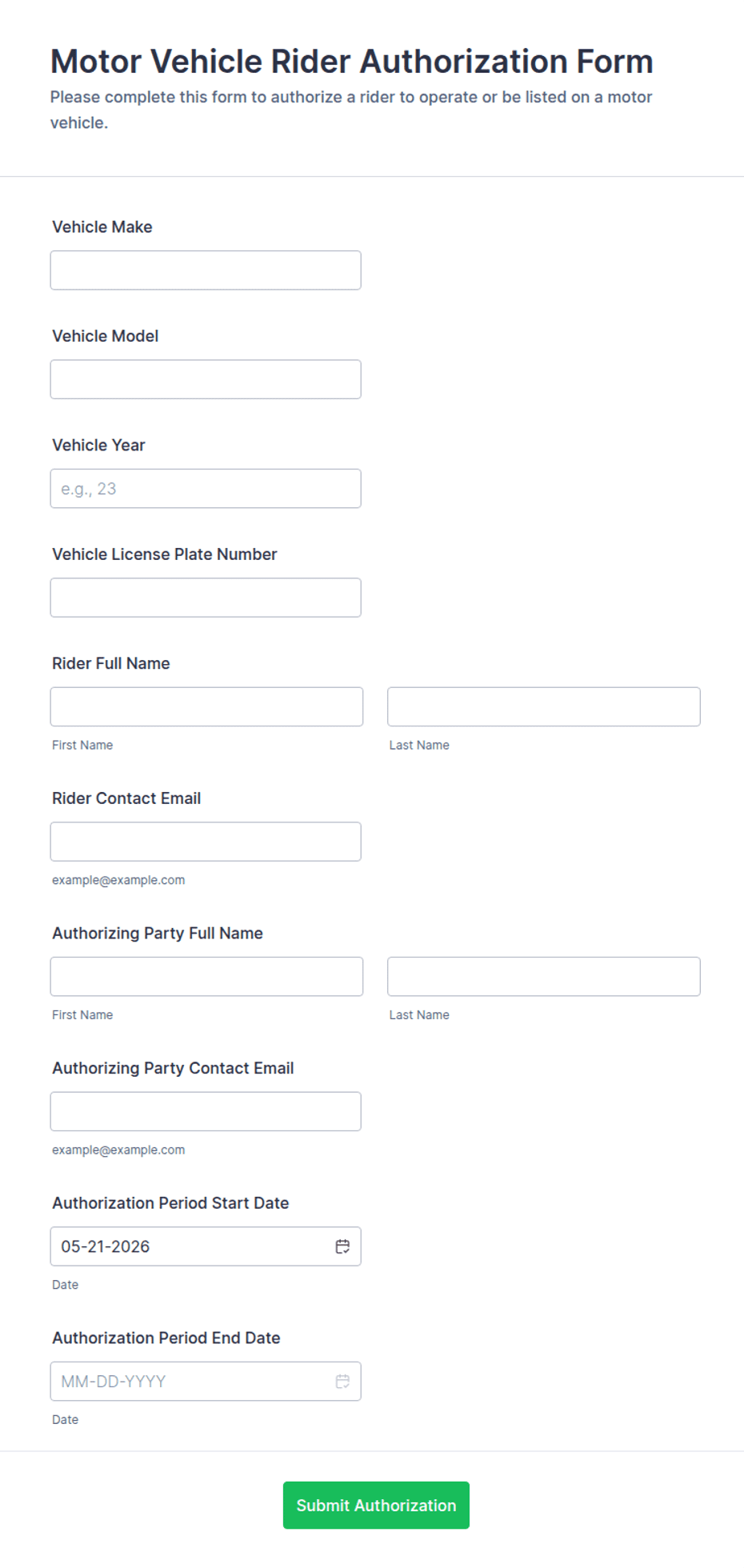 Motor Vehicle Rider Authorization Form Template | Jotform