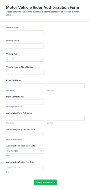 Motor Vehicle Rider Authorization Form Template