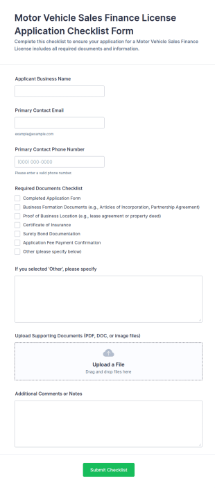 Motor Vehicle Sales Finance License Application Checklist Form Template