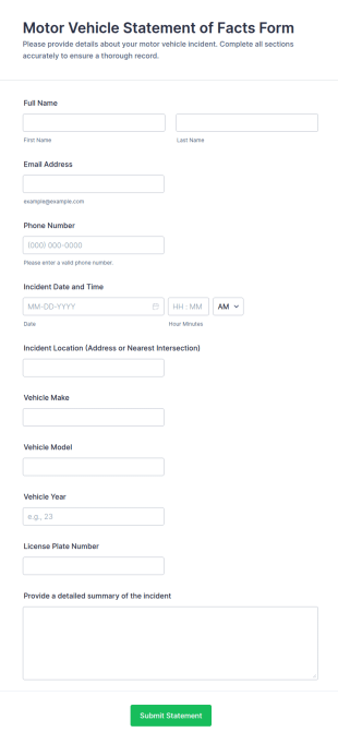 Motor Vehicle Statement Of Facts Form Template