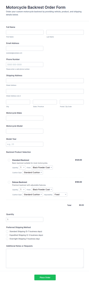 Motorcycle Backrest Order Form Template