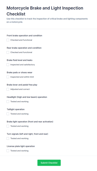 Motorcycle Brake And Light Inspection Checklist Form Template