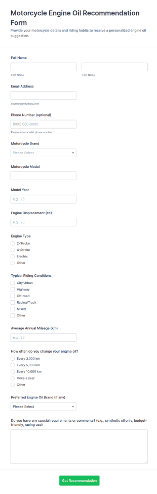 Motorcycle Engine Oil Recommendation Form Template