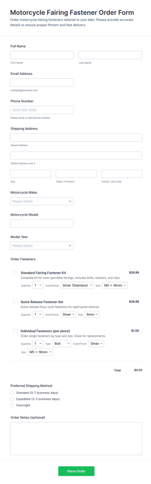 Motorcycle Fairing Fastener Order Form Template
