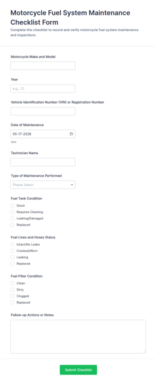 Motorcycle Fuel System Maintenance Checklist Form Template