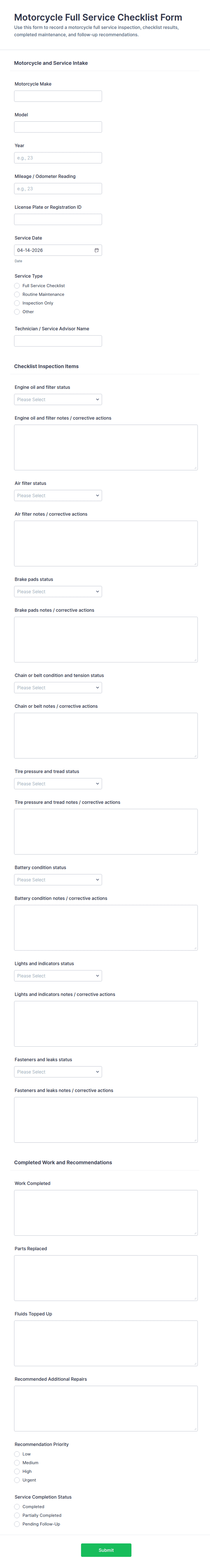 Motorcycle Full Service Checklist Form Template | Jotform