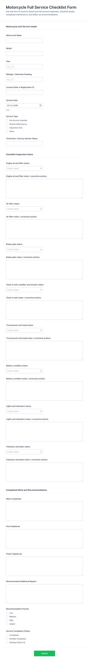 Motorcycle Full Service Checklist Form Template