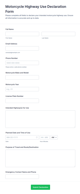 Motorcycle Highway Use Declaration Form Template