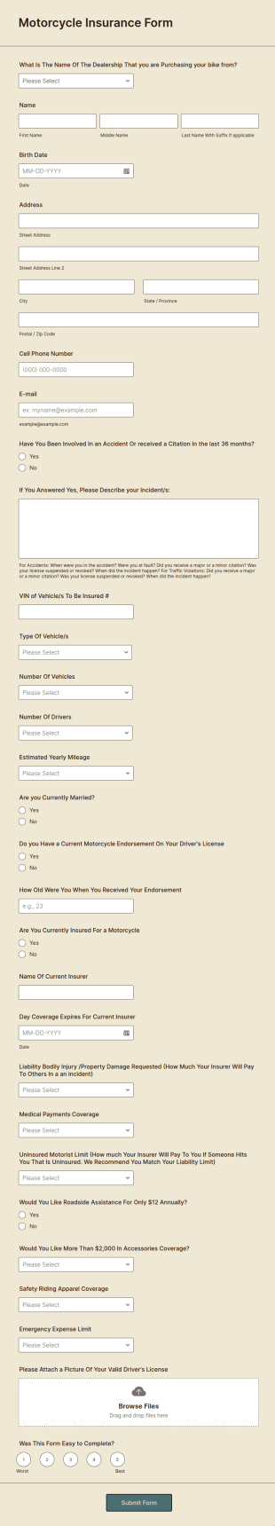 Motorcycle Insurance Form Template