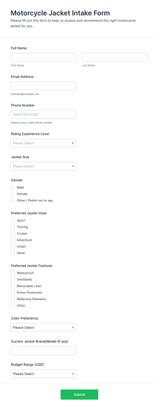 Motorcycle Jacket Intake Form Template