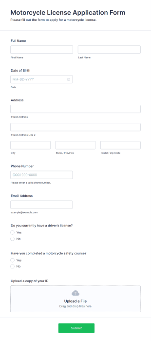 Motorcycle License Application Form Form Template
