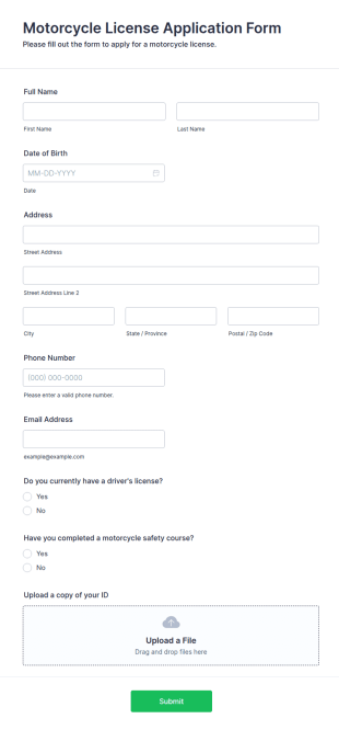 Motorcycle License Application Form Template
