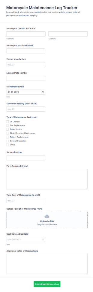 Motorcycle Maintenance Log Tracker Form Template