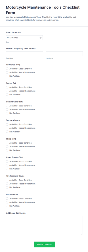 Motorcycle Maintenance Tools Checklist Form Template