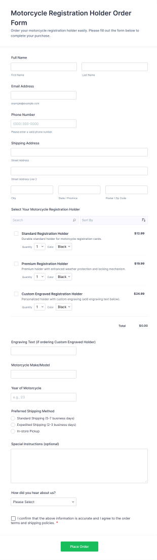 Motorcycle Registration Holder Order Form Template